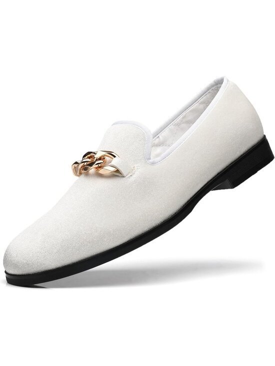 FOEVTRUE Men\'s White Velvet Loafers Gold Chain Buckle Slip On Fashion Shoes main image 4